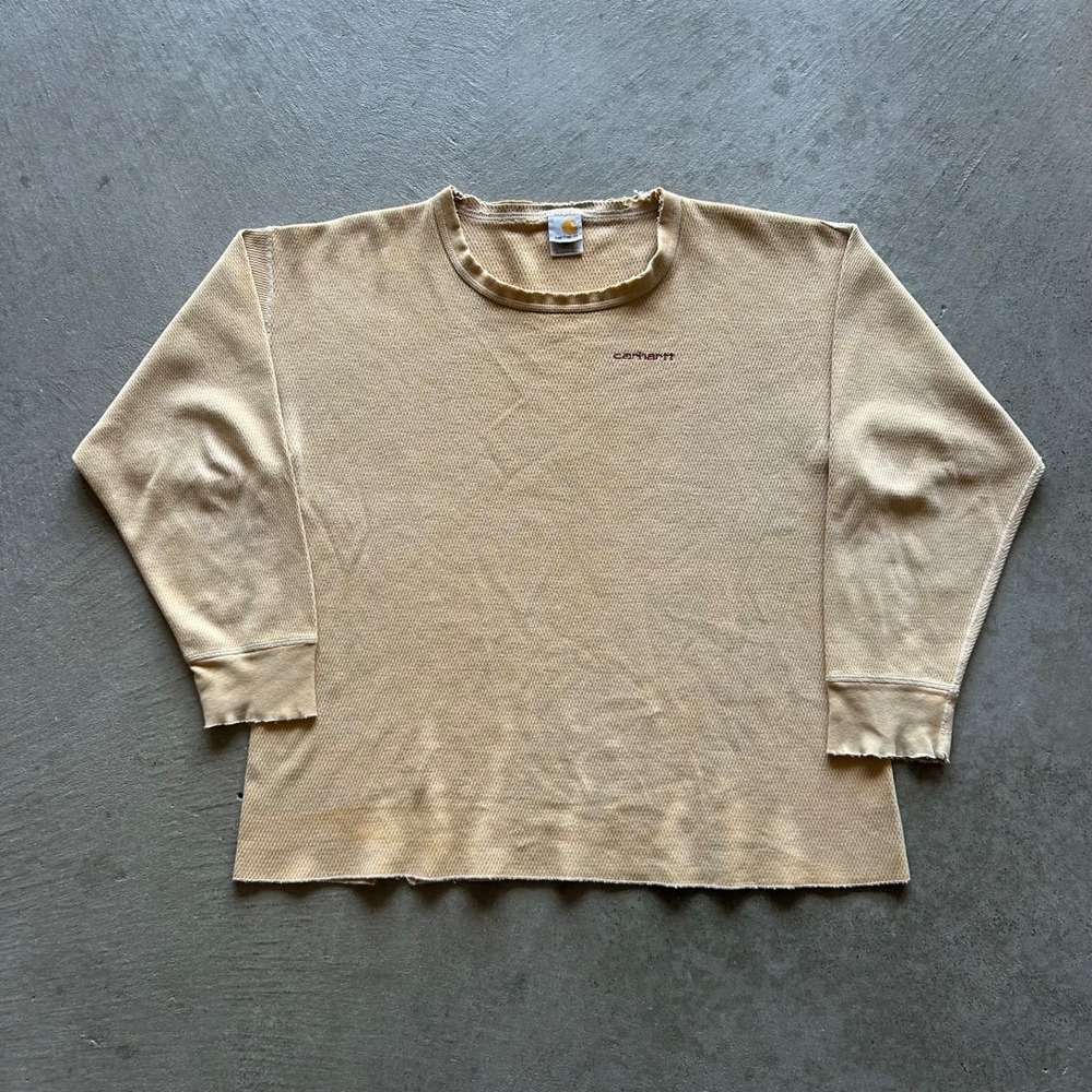 Vintage 90s Carhartt Thermal Long Sleeve Shirt Size XXL Tan Waffle Thrashed K58
